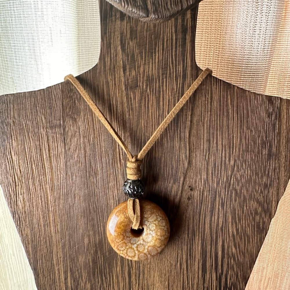 Yellow Golden Coral Fossil Donut Pendant Choker on Brown Faux Suede - Picture 3 of 11
